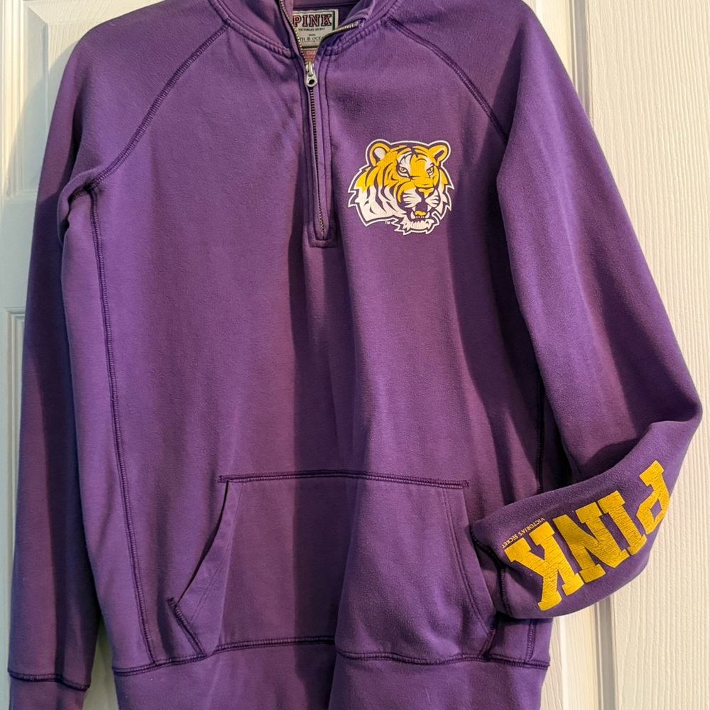 PINK Victoria's Secret Women's Purple Half-Zip Tiger Logo Pullover